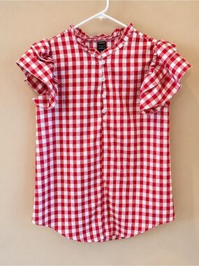 SHEIN Red & White Gingham Ruffle Sleeve Half Button-Front Top Size Small